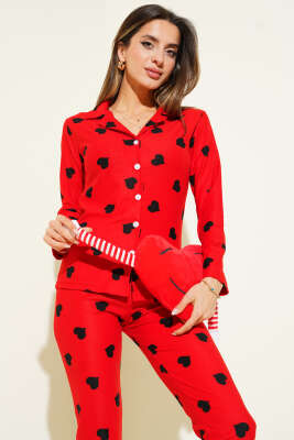 Desenli Düğmeli Süet Pijama Takımı Kırmızı - Pijama