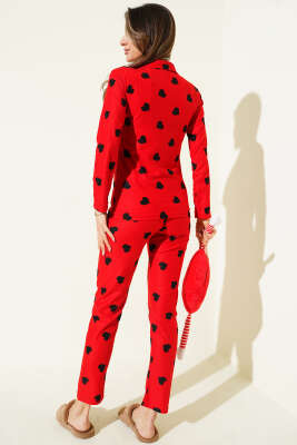 Desenli Düğmeli Süet Pijama Takımı Kırmızı - Pijama