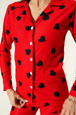 Desenli Düğmeli Süet Pijama Takımı Kırmızı - Pijama