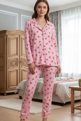 Desenli Düğmeli Süet Pijama Takımı Pembe 