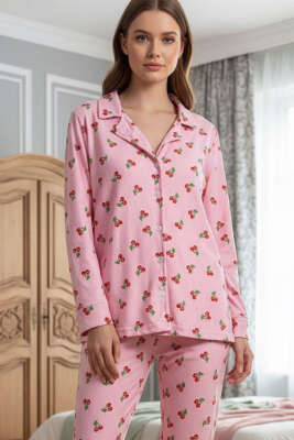 Desenli Düğmeli Süet Pijama Takımı Pembe - Pijama & Gecelik