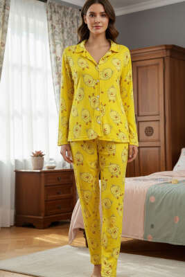 Desenli Düğmeli Süet Pijama Takımı Sarı - HEPYEK BASIC