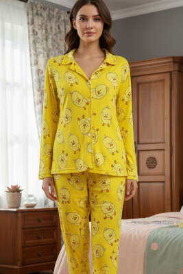 Desenli Düğmeli Süet Pijama Takımı Sarı - Pijama