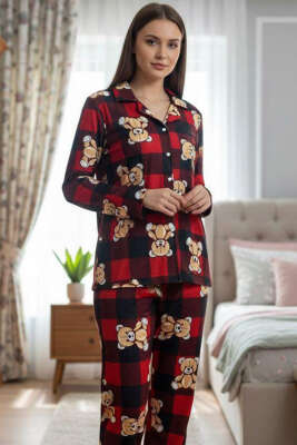 Desenli Düğmeli Süet Pijama Takımı Siyah Kırmızı - Pijama & Gecelik