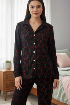 Desenli Düğmeli Süet Pijama Takımı Siyah - HEPYEK BASIC