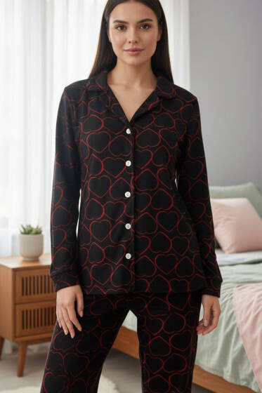 Desenli Düğmeli Süet Pijama Takımı Siyah - Pijama