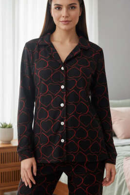 Desenli Düğmeli Süet Pijama Takımı Siyah - Pijama