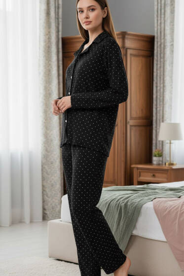 Desenli Düğmeli Süet Pijama Takımı Siyah Puantiye - Kadın Pijama Takımı
