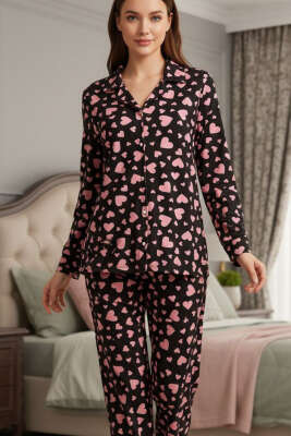 Desenli Düğmeli Süet Pijama Takımı Siyah Pudra - Pijama & Gecelik
