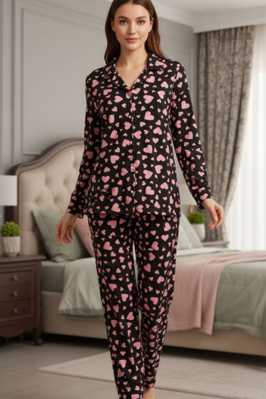 Desenli Düğmeli Süet Pijama Takımı Siyah Pudra - Pijama