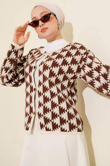 Desenli Düğmeli Triko Hırka Bej - Hırka