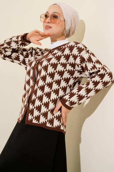 Desenli Düğmeli Triko Hırka Kahve - Hırka
