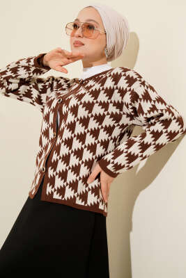 Desenli Düğmeli Triko Hırka Kahve 