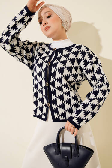 Desenli Düğmeli Triko Hırka Lacivert - Hırka