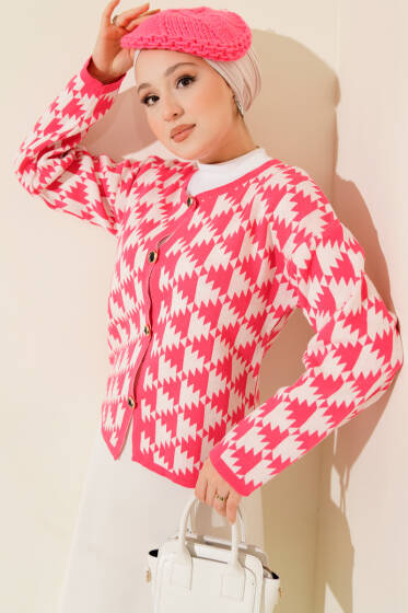 Desenli Düğmeli Triko Hırka Pembe - Hırka