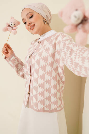 Desenli Düğmeli Triko Hırka Pudra - Hırka