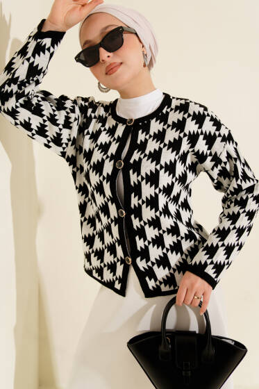 Desenli Düğmeli Triko Hırka Siyah - Hırka