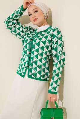 Desenli Düğmeli Triko Hırka Yeşil 