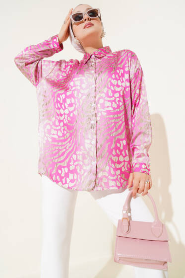 Desenli Düşük Omuz Saten Gömlek Fuşya - Gömlek