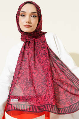 Desenli El Dikişli Ribanalı Şal Bordo - Başörtüsü