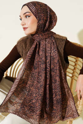 Desenli El Dikişli Ribanalı Şal Camel - Başörtüsü
