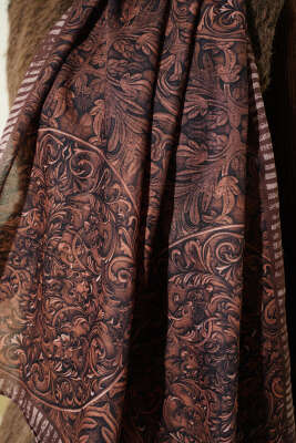 Desenli El Dikişli Ribanalı Şal Camel - Başörtüsü