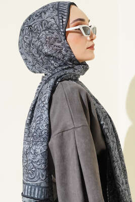 Desenli El Dikişli Ribanalı Şal Gri - Başörtüsü
