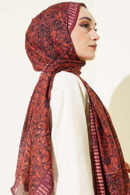 Desenli El Dikişli Ribanalı Şal Kiremit - Başörtüsü