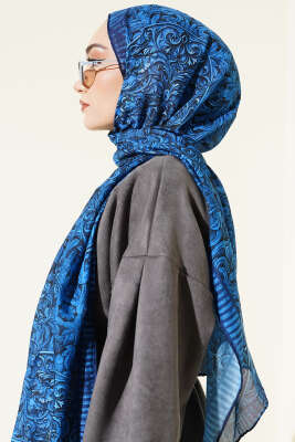 Desenli El Dikişli Ribanalı Şal Lacivert - Başörtüsü