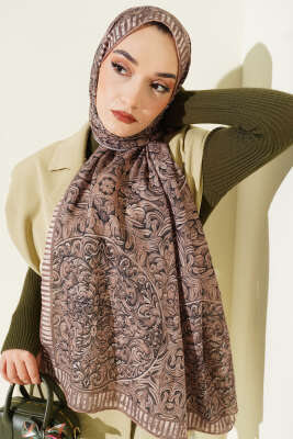 Desenli El Dikişli Ribanalı Şal Latte - Başörtüsü