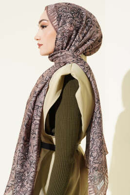 Desenli El Dikişli Ribanalı Şal Latte - Başörtüsü