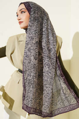 Desenli El Dikişli Ribanalı Şal Mürdüm - Başörtüsü