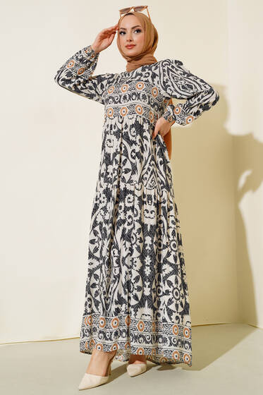 Desenli Elbise Gri - Tesettür Elbise