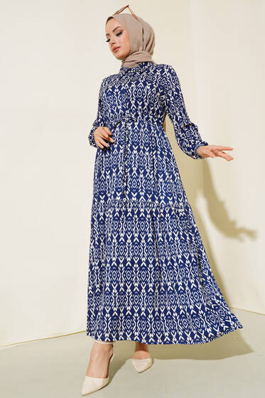 Desenli Elbise Lacivert - Tesettür Elbise