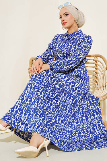 Desenli Elbise Saks - Tesettür Elbise