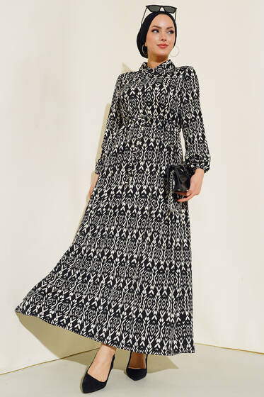 Desenli Elbise Siyah - Tesettür Elbise