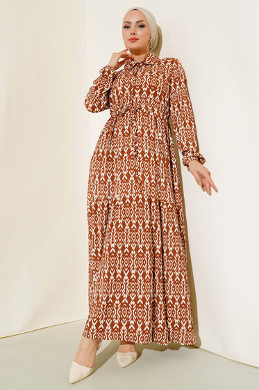 Desenli Elbise Taba - Tesettür Elbise