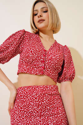 Desenli Etekli Takım Kırmızı - Kadın Giyim Modelleri