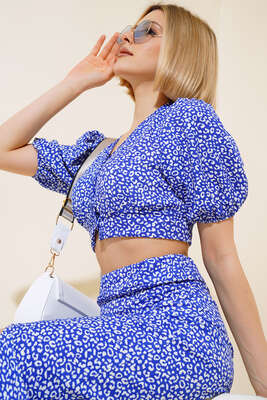 Desenli Etekli Takım Saks - Kadın Giyim Modelleri