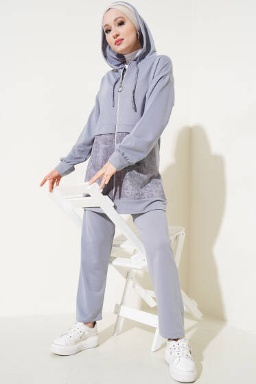 Desenli Fermuarlı İkili Takım Gri - İkili Takım