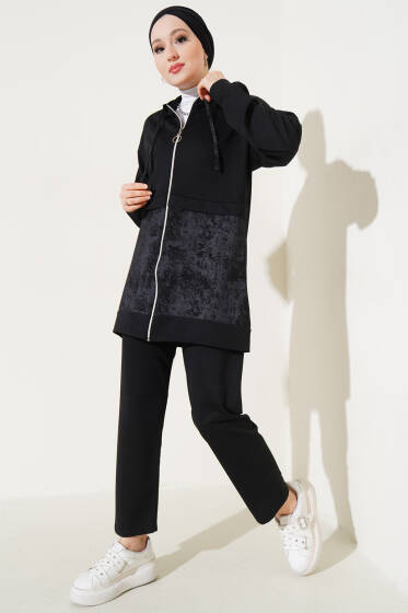 Desenli Fermuarlı İkili Takım Siyah - İkili Takım