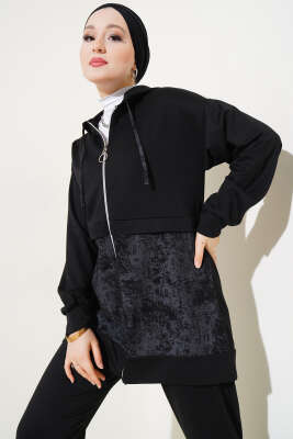 Desenli Fermuarlı İkili Takım Siyah - İkili Takım