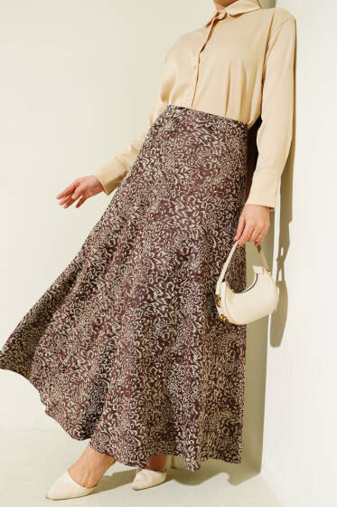 Desenli Fermuarlı Saten Etek Kahve - Etek