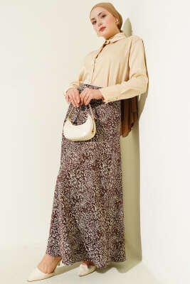 Desenli Fermuarlı Saten Etek Kahve - Etek