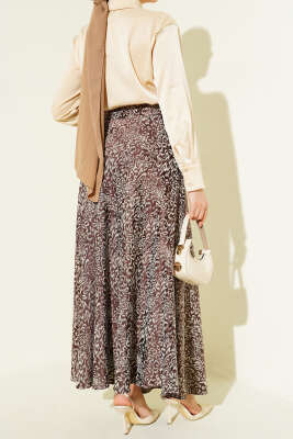 Desenli Fermuarlı Saten Etek Kahve - Etek