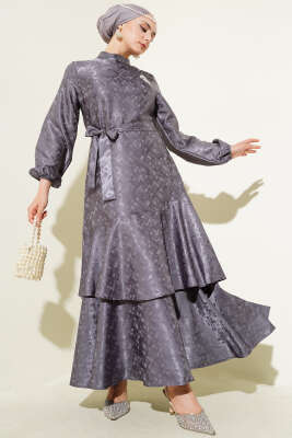 Desenli Fırfır Volanlı Jakar Elbise Füme - Tesettür Elbise