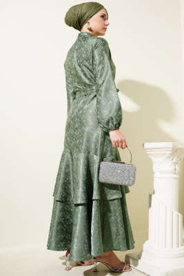 Desenli Fırfır Volanlı Jakar Elbise Haki - Tesettür Elbise