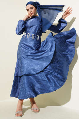 Desenli Fırfır Volanlı Jakar Elbise İndigo 