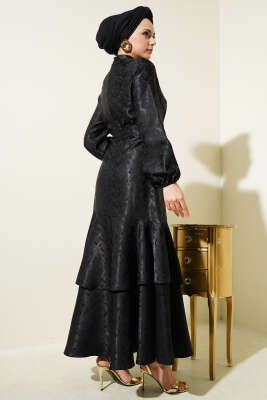 Desenli Fırfır Volanlı Jakar Elbise Siyah - Tesettür Elbise