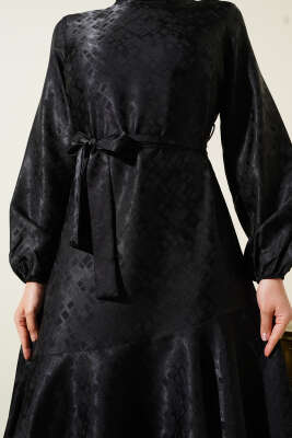 Desenli Fırfır Volanlı Jakar Elbise Siyah - Tesettür Elbise